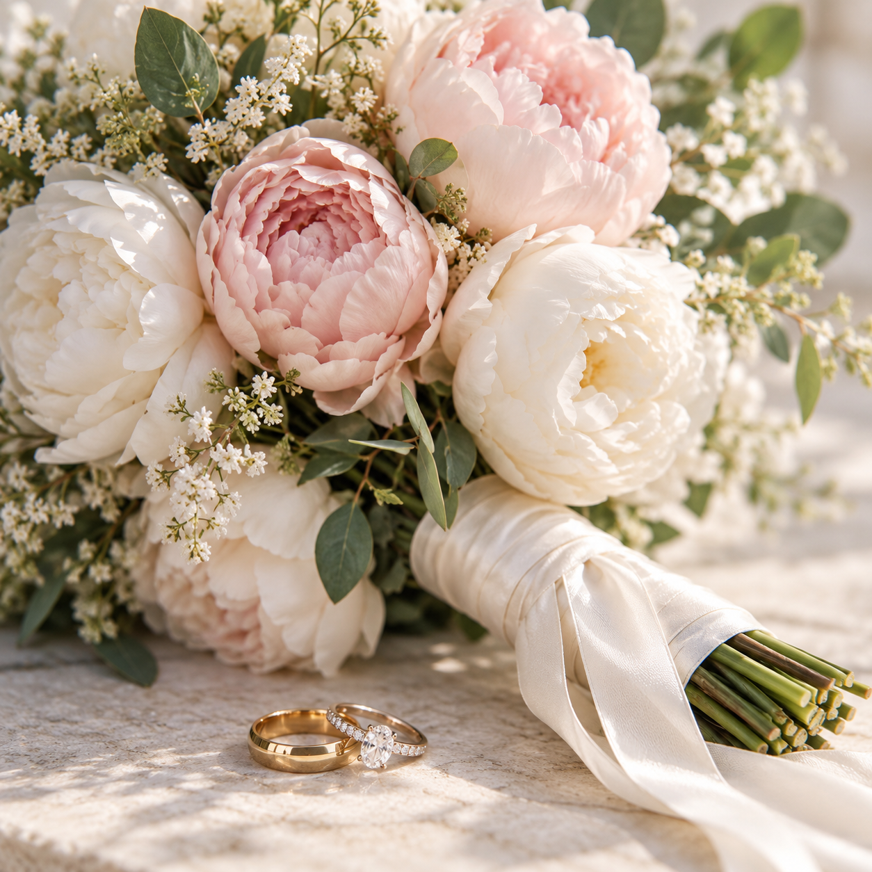 Elegant bouquet of peonies with both wedding rings