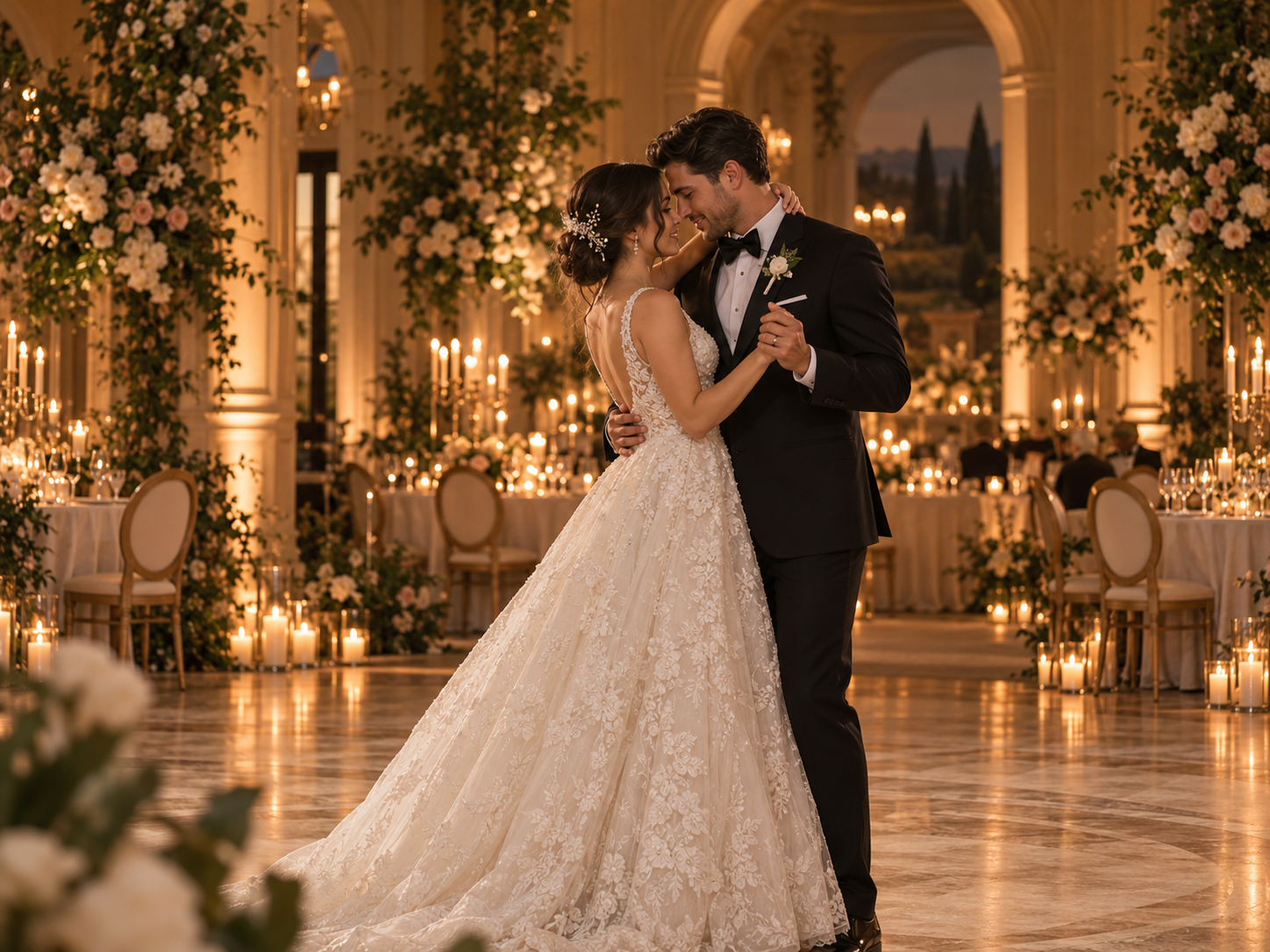 Bride and groom sharing their first dance in an Italian-inspired hotel wedding ballroom